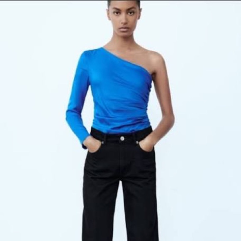 Zara Blue One Shoulder Long Sleeve Satin Top Bodysuit
